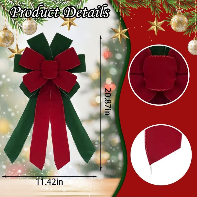 CHMOART Store Christmas Wreath Bow 20 x 11 Inches Large Christmas Bows Red Green Velvet Bow Winter Holiday DIY Craft Bow Xmas Tree Topper Ornament Bow for Home Front Door Decorations - Image 2